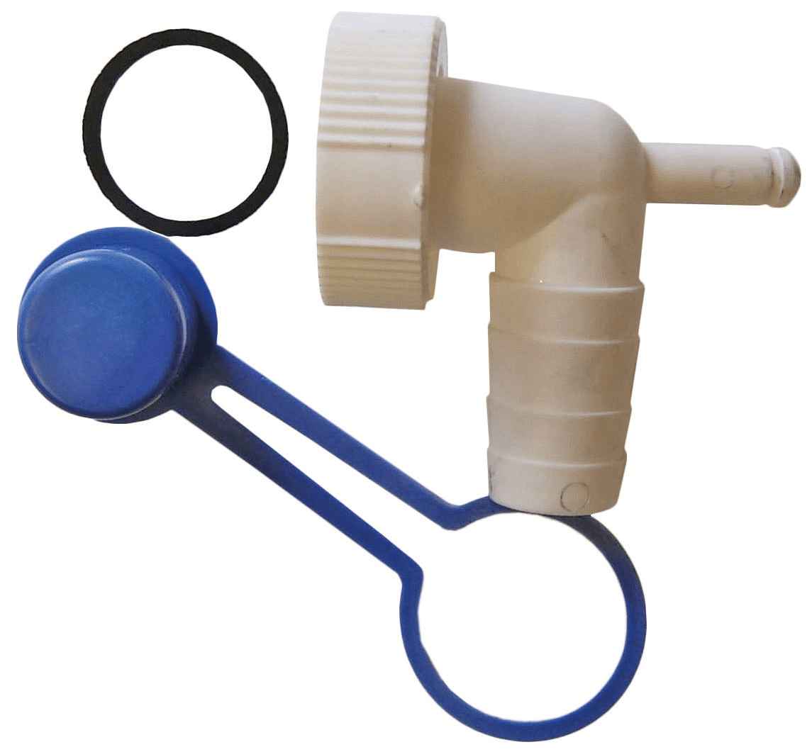 Plastic irrigation spray nozzle with white body and blue control lever, plus sealing rings (blue circular ring and black O-ring).