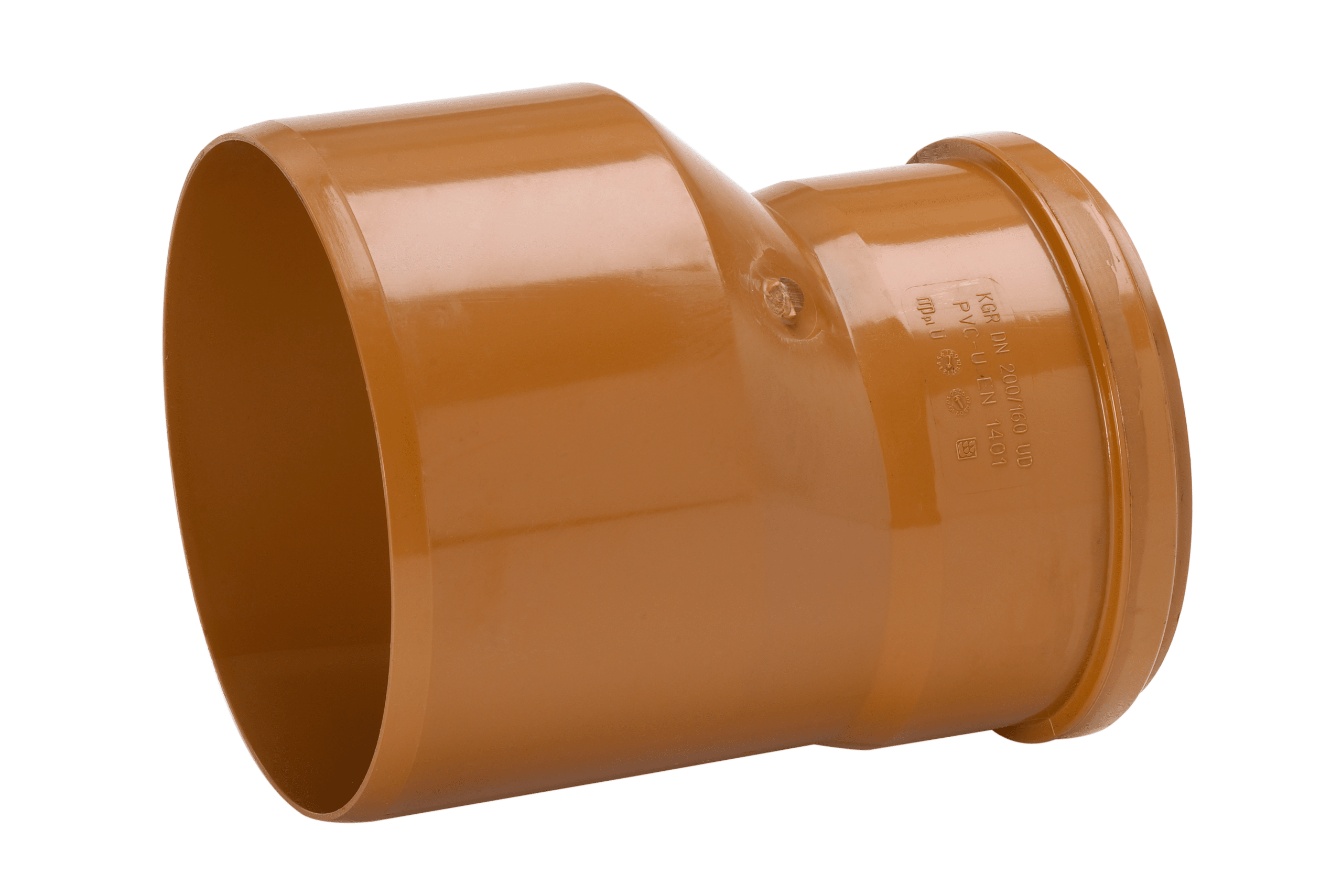 Orange PVC pipe elbow fitting viewed from the side, showing a 90-degree bend and smooth glossy surface.