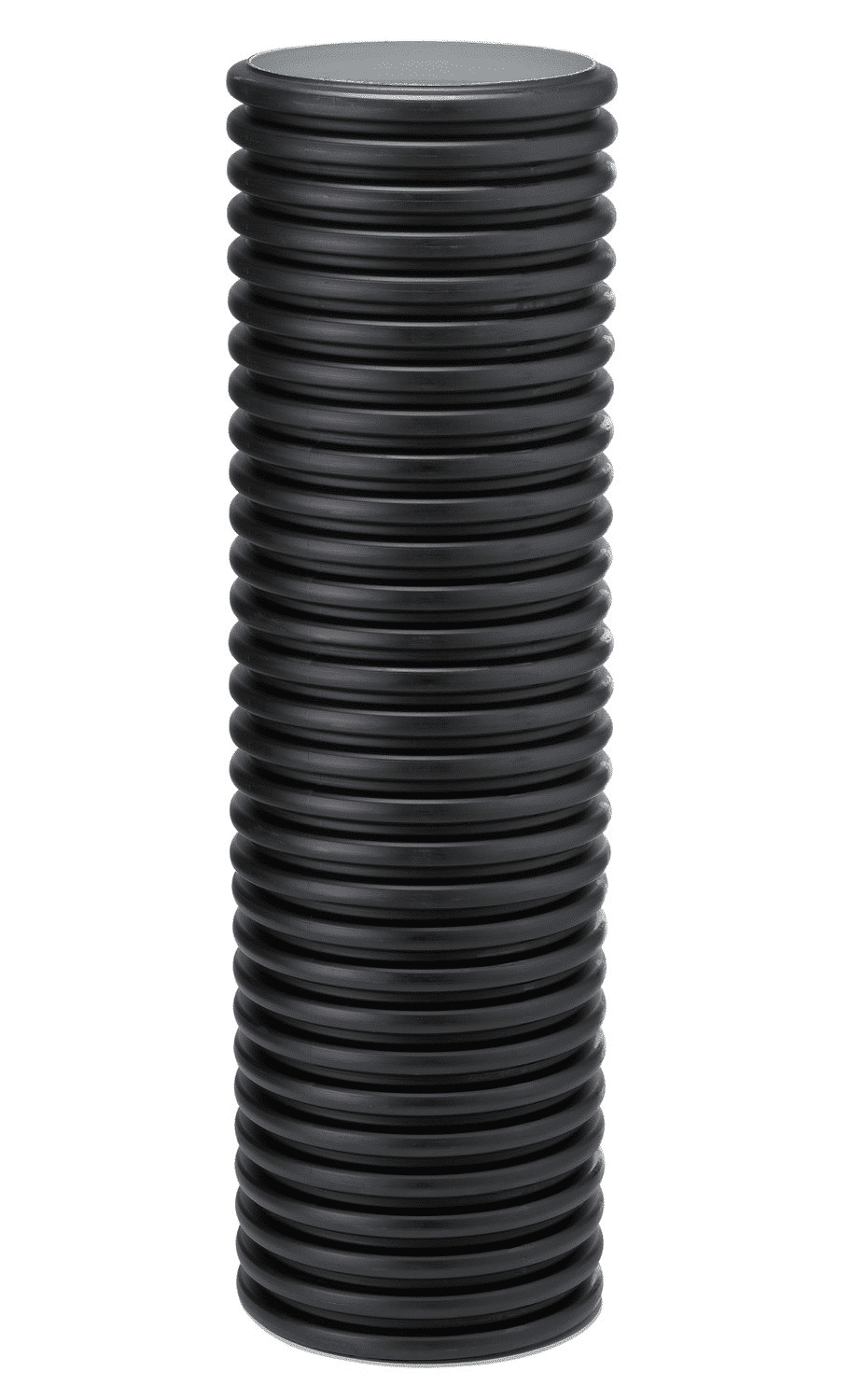 Tall stack of black circular discs arranged in a vertical column on a white background.
