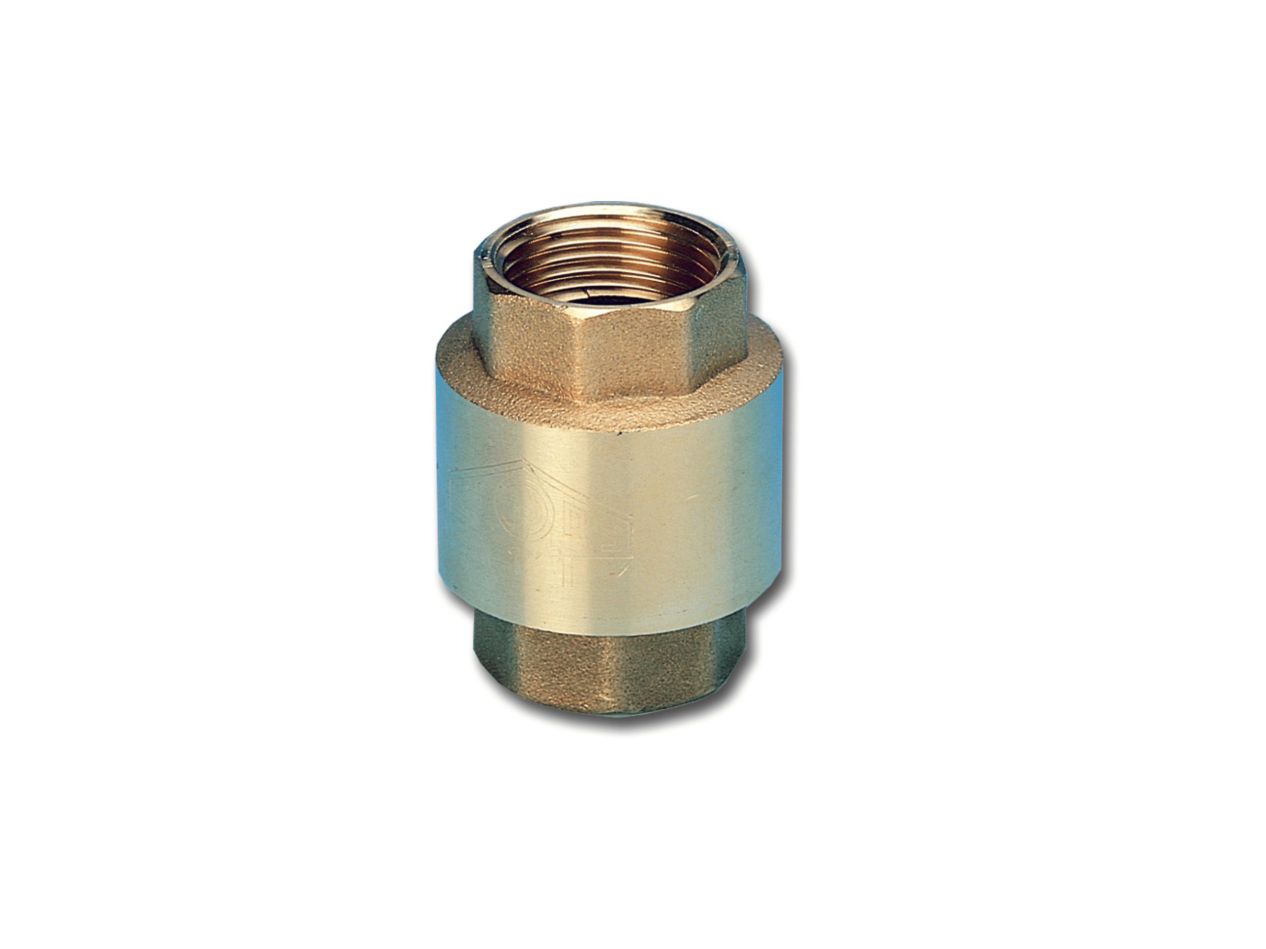 Close-up of a brass hexagonal plumbing nut with internal threads on a pipe fitting