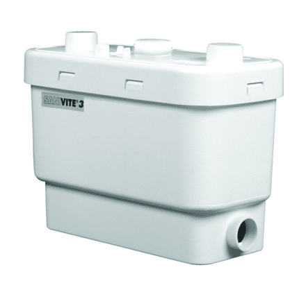 White SANIVITE 3 macerator tank with three top inlet ports and a bottom outlet on the right side.