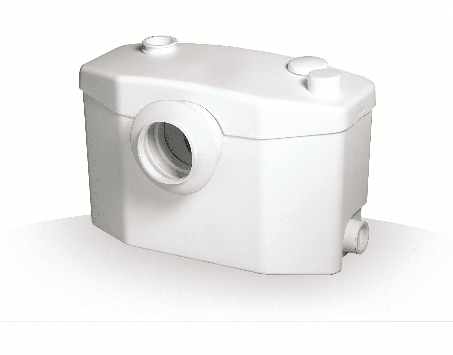 White toilet cistern viewed from a left-front angle, showing a large circular flushing pipe opening on the front and two round top caps.