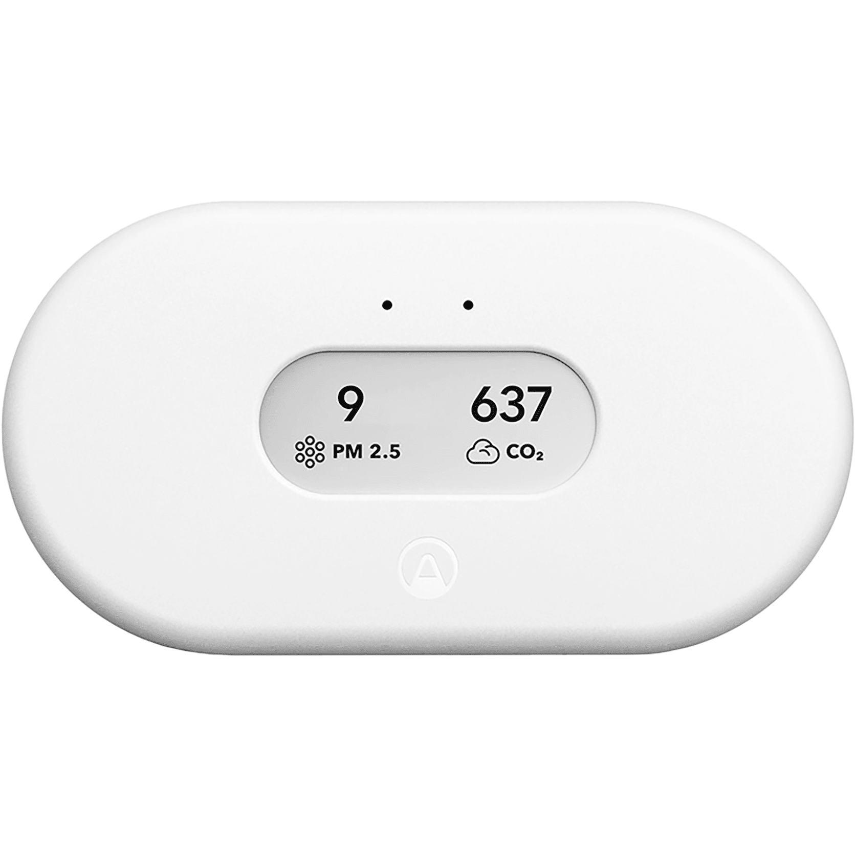 White circular air-quality monitor display showing PM2.5 and CO2 readings: PM2.5 = 9, CO2 = 637 with icons on the screen