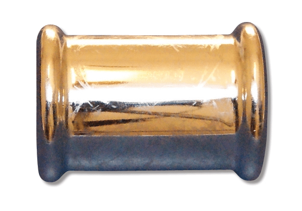 Gold-colored metal spool (bobbin) with rounded ends, viewed head-on