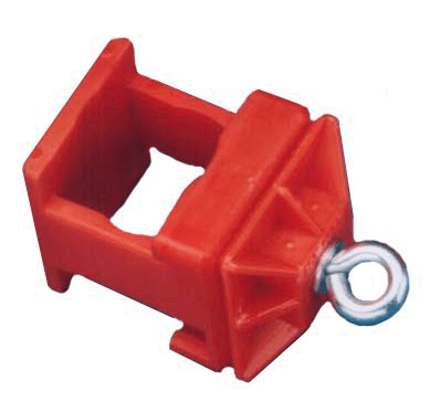 Red plastic mounting block with a square hollow center and a metal ring eyelet on the side for attachment