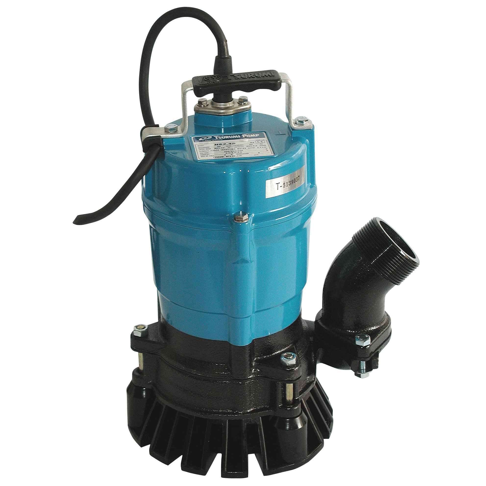 Blue Tsurumi submersible water pump with a curved discharge hose attached and mounting bolts on a base.