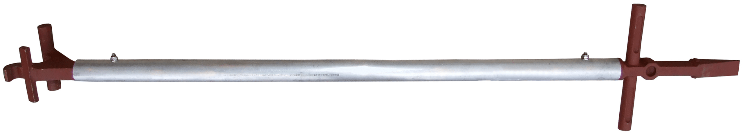 Long metal bar with red handles/clamps at both ends, appears to be a press or puller bar tool used for aligning or applying force between points.