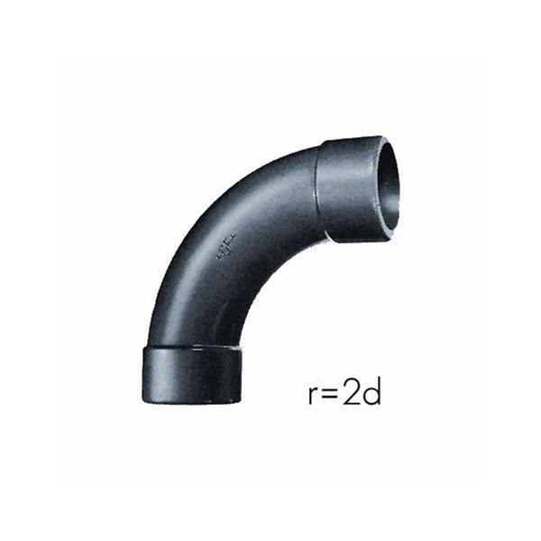 Black PVC 90-degree elbow pipe fitting with a bend radius of 2d (r=2d). The image shows a plumbing elbow used to change direction in piping.