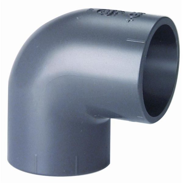 Gray PVC 90-degree elbow pipe fitting used in plumbing, showing a smooth inner bore and slip-fit ends