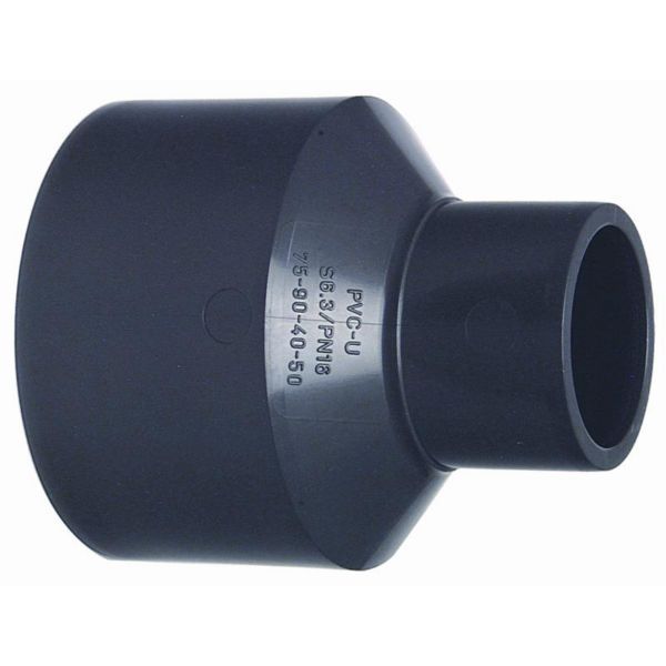 Black plastic PVC reducer bushing connecting a larger and a smaller pipe diameter.