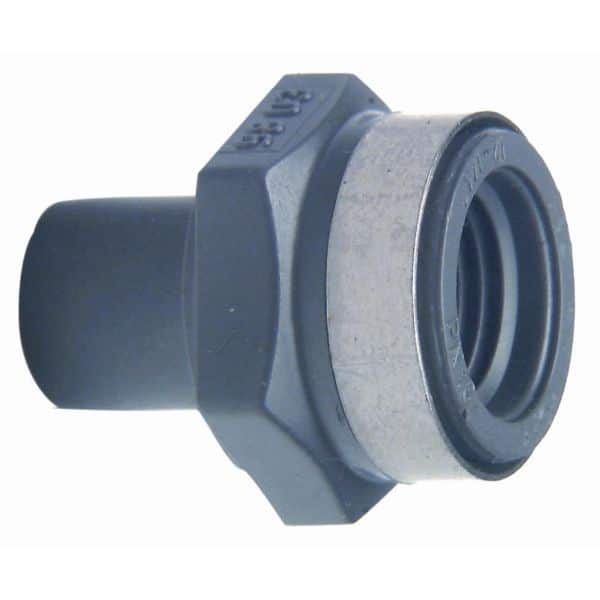Gray plastic hex-nut hose fitting with rubber gasket and metal ferrule, used to connect irrigation or plumbing tubing (coupling end).