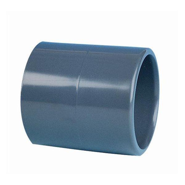 Blue PVC pipe coupling, cylindrical hollow fitting with open ends for connecting two pipes.