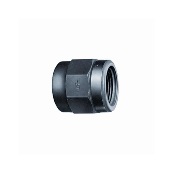 Black metal pipe fitting with female internal threads (nut-style coupling)