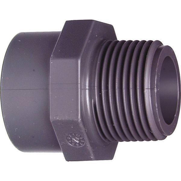 Gray plastic pipe adapter with hex nut and external threads, used to join PVC pipes