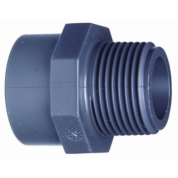Blue plastic threaded pipe fitting with hex nut for joining hoses or tubes (external threads on one end). Regex: male adapter.