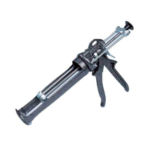 Caulking gun with a long metal barrel and trigger for applying sealant from a cartridge