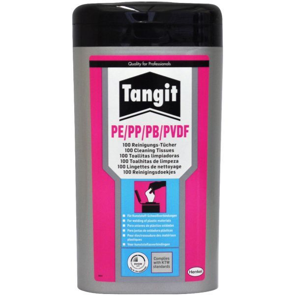 Tangit cleaning wipes bottle with pink label and black cap, standing upright.
