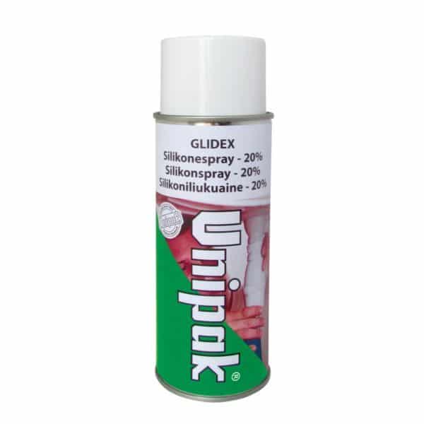 Can of GLIDEX silicone spray with a white cap; label reads Silikonespray 20% and features a green design on the can