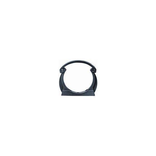 Metal circular clamp mounted on a small base, used to hold a cylindrical object