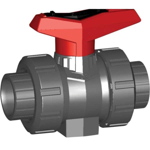 Ball valve with a red T-handle connected to two gray pipe fittings