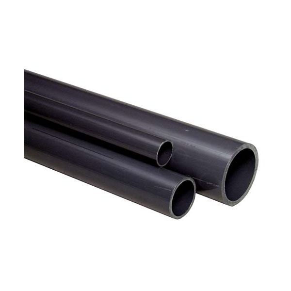 Three black PVC pipes of different diameters lying parallel to each other on a white background.