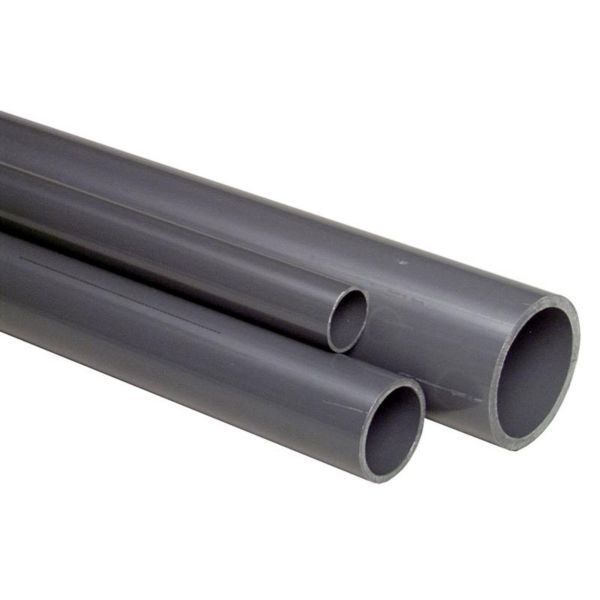 Gray PVC pipes of varying diameters arranged together, showing a large, medium, and small tube.