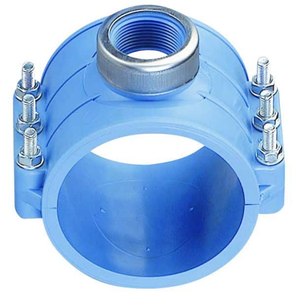 Blue PVC pipe repair clamp with bolt-fastened band and threaded metal insert for joining a pipe