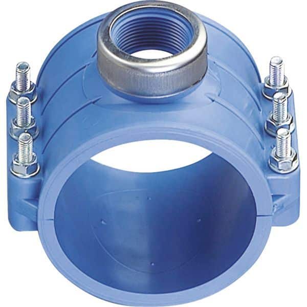 Blue plastic pipe flange coupling with four bolts and a threaded metal insert for joining pipes (PVC/HDPE).