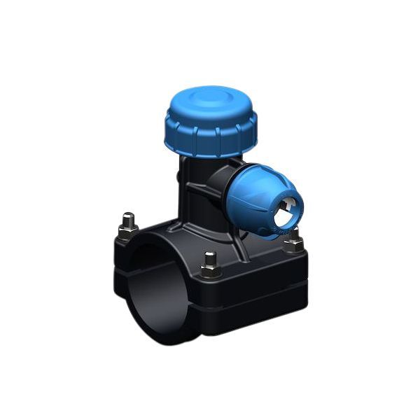 Industrial valve with a blue actuator cap mounted on a black piping body, used to control flow in a system.