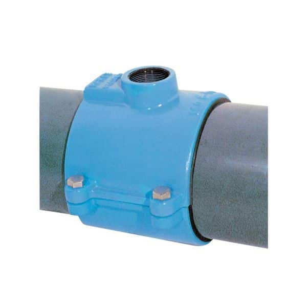 Blue pipe repair clamp fastening two gray pipes, with bolts on the housing to seal a joint.