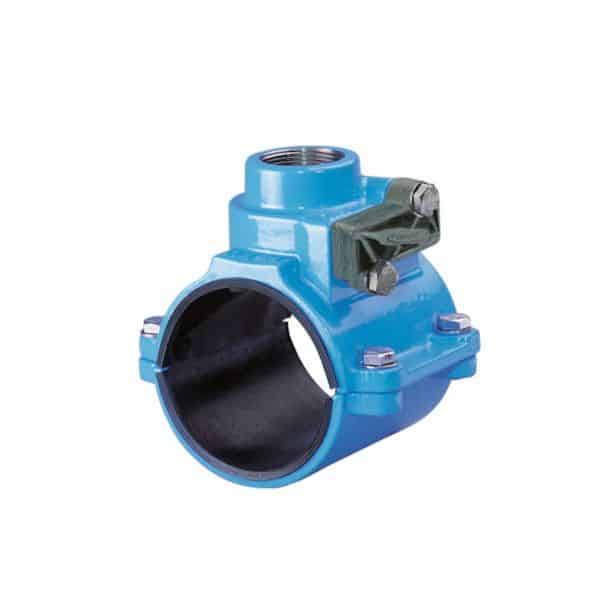 Blue PVC pipe repair clamp with bolts and a lever on top, shown from the side with the circular bore visible