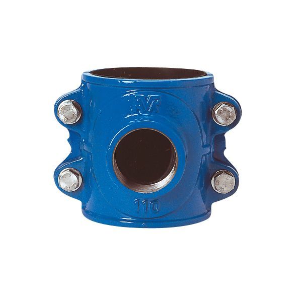 Blue metal pipe coupling with a central bore and four silver bolts on the sides, used to join pipes.