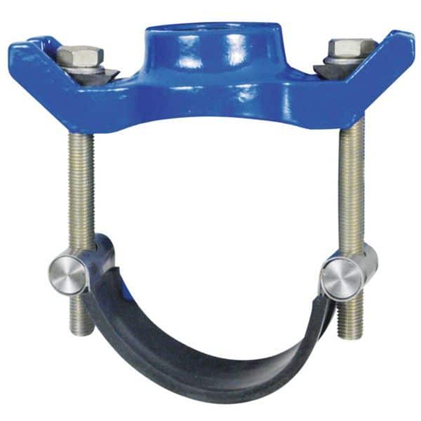 Blue U-shaped pipe clamp with two threaded bolts and a curved rubber insert, used to secure and support a pipe or tube.