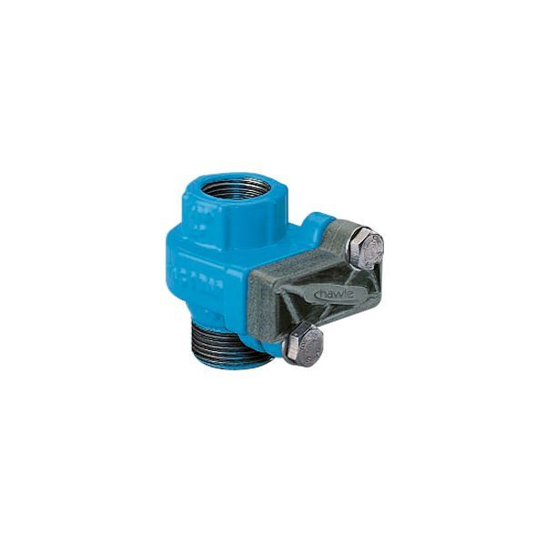 Blue plastic valve with two threaded ends and a gray metal clamp/lever for tightening a connection, on a white background.