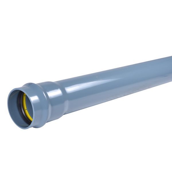 Blue PVC pipe section with a yellow gasket at the end, seen at an oblique angle.