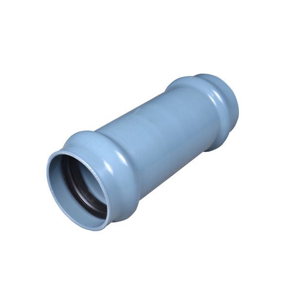 Blue PVC pipe coupling fitting with gasket visible inside