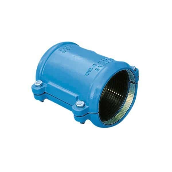 Blue PVC pipe coupling/repair clamp with two bolts for joining plastic pipes.