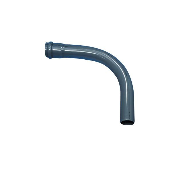 Blue curved PVC pipe elbow with two open ends, a plumbing fitting