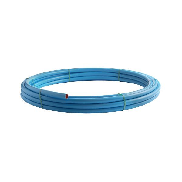 Coiled blue plastic irrigation hose secured with green zip ties on a white background
