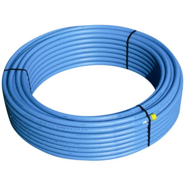 Coiled blue plastic irrigation hose, bound with black straps, forming a circular roll.