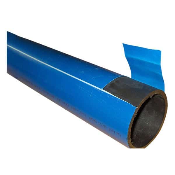 Blue PVC pipe with cut end and a piece of blue tape peeled back, shown in perspective on white background