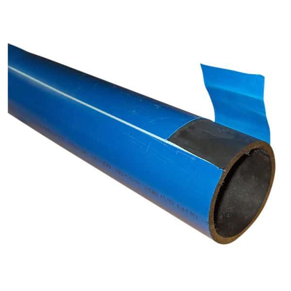 Blue cylindrical pipe with a long vertical slit along its length, showing an exposed brown core and dark inner lining.