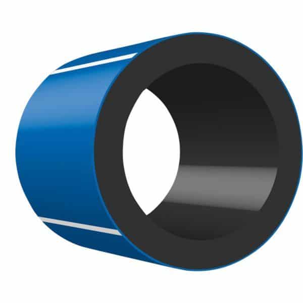 3D blue pipe fitting viewed from the side showing a hollow circular opening