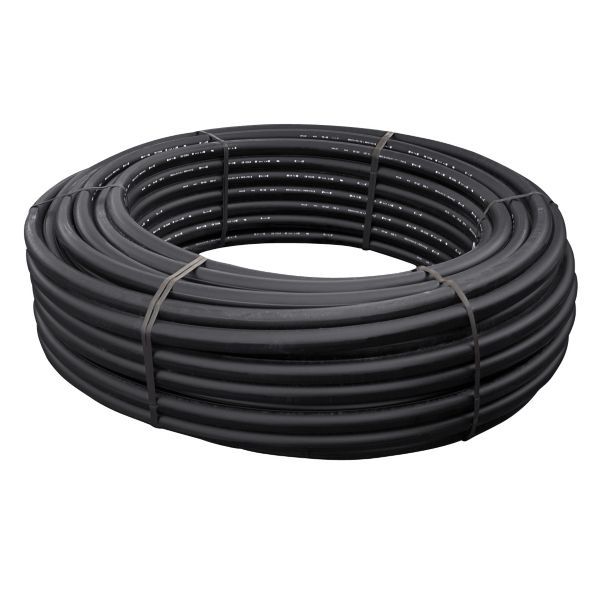 Coiled black rubber hose bound with two gray zip ties, laid in a circular coil.