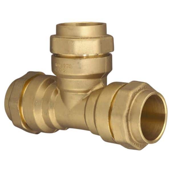 Brass T-shaped plumbing fitting with three female compression ports for pipe connections