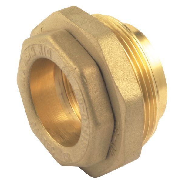 Brass hex nut-style pipe fitting with male threads on one end