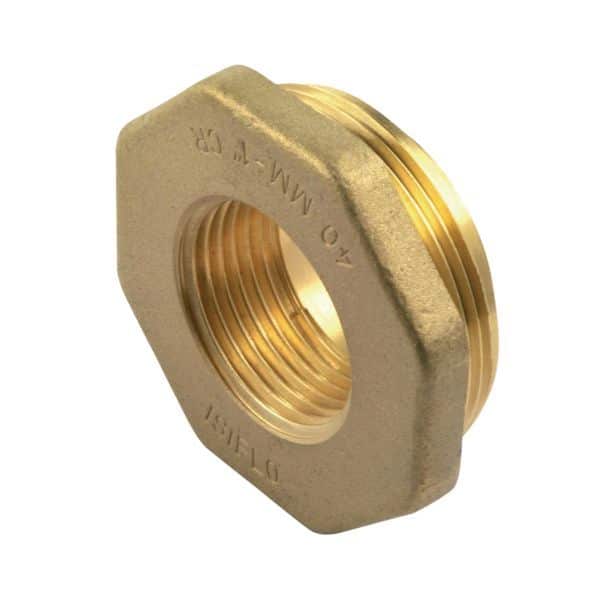 Brass hexagonal plumbing bushing with internal female threads for a pipe adapter.