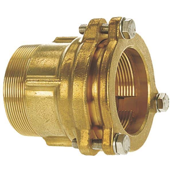 Brass pipe coupling with flanged end and bolts for connecting sections of pipe