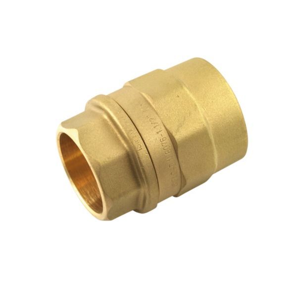 Brass pipe union coupling with hex ends for joining copper pipes in plumbing