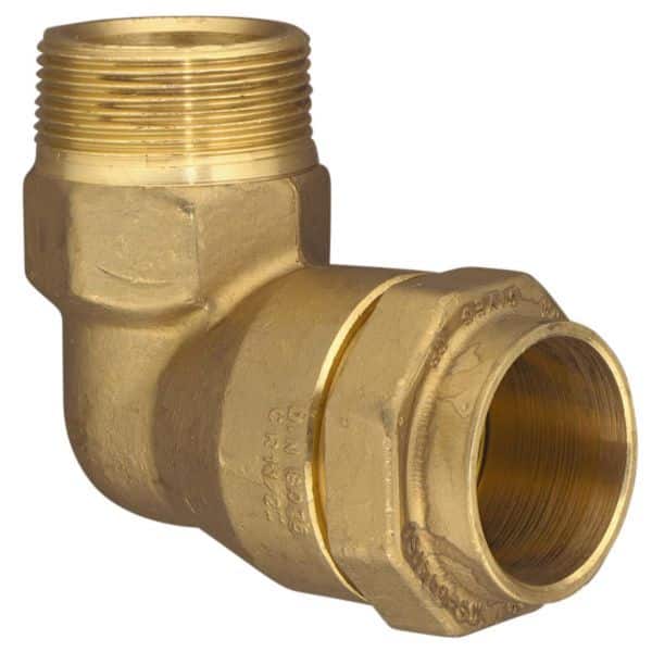 Brass 90-degree pipe elbow with male threads on one end and female threads on the other.